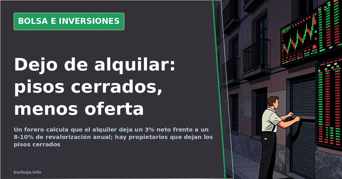 Gráfico de velas y pantallas de mercado en verde y rojo sobre fondo oscuro, con un panel de datos sobre la vivienda vacía