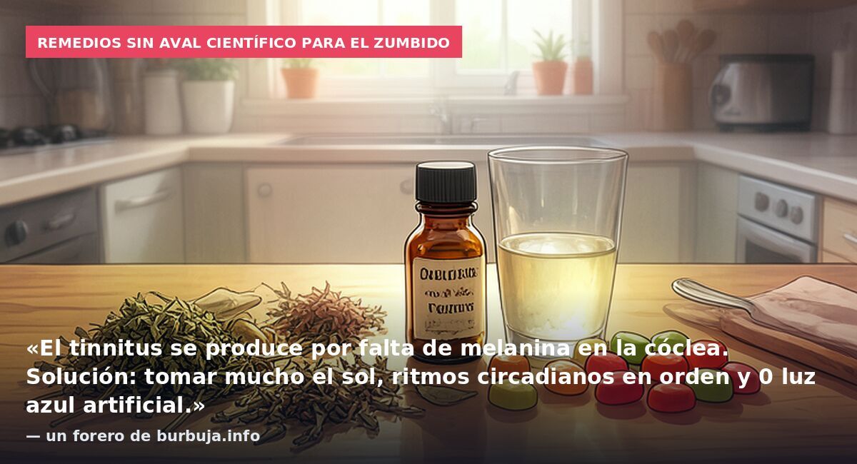 Remedios sin aval científico para el zumbido: «El tinnitus se produce por falta de melanina en la cóclea. Solución: tomar mucho el sol, ritmos circadianos en orden y 0 luz azul artificial.» — un forero de burbuja.info