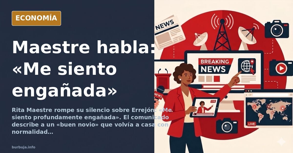 Ilustración editorial de una figura femenina de espaldas ante un micrófono y un foco de luz, símbolo del comunicado de Rita M