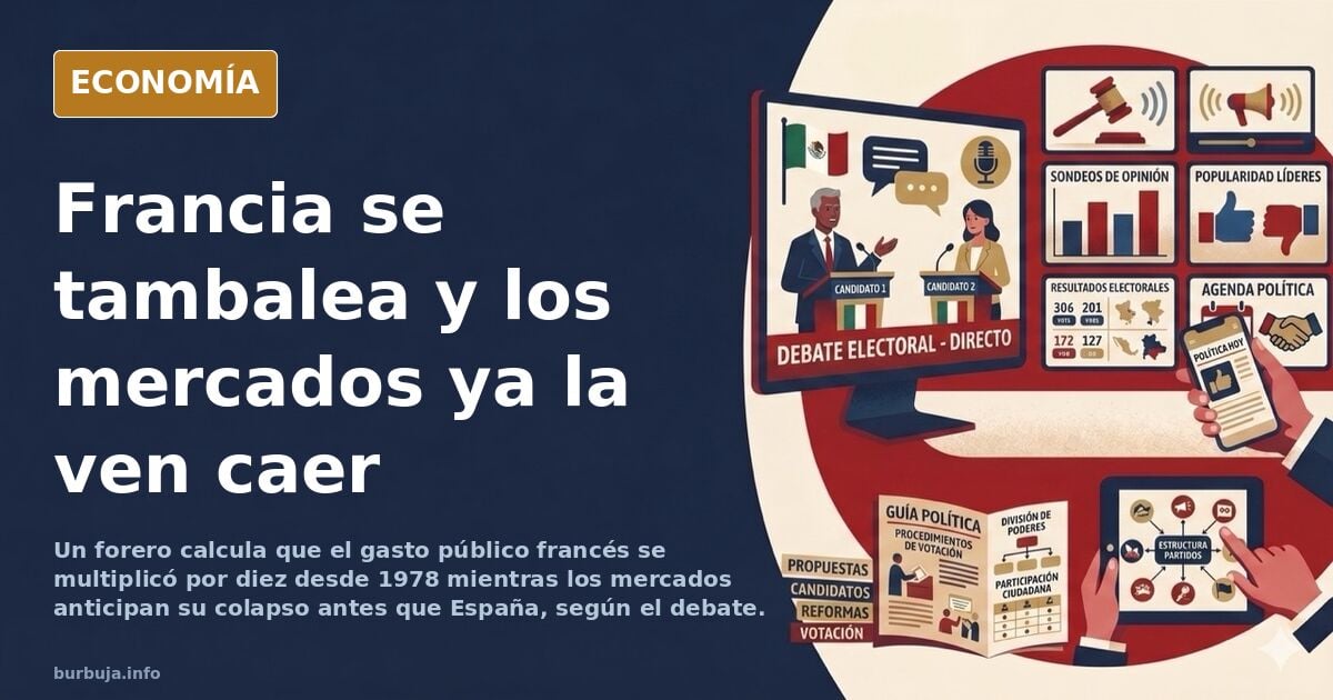 Gráfico editorial de la deuda pública francesa con la bandera de Francia y una línea descendente en tonos azul marino y dorad