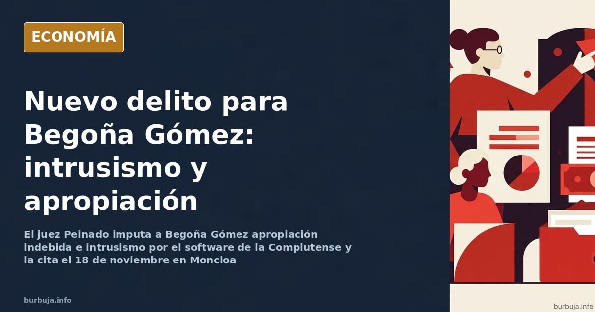 Ilustración editorial de un auto judicial sobre Begoña Gómez y el software de la Complutense, con el Palacio de la Moncloa al