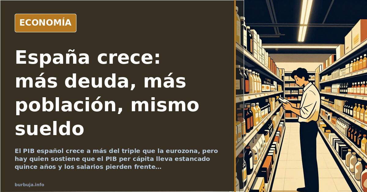 Gráfico editorial en azul marino y dorado que compara el crecimiento del PIB español con el estancamiento del PIB per cápita