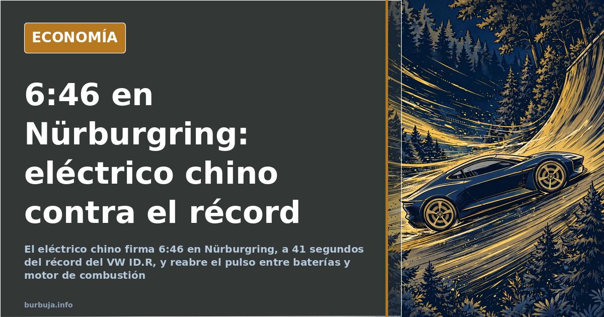 Deportivo eléctrico chino trazando una curva del circuito de Nürburgring con cronómetro de vuelta rápida superpuesto