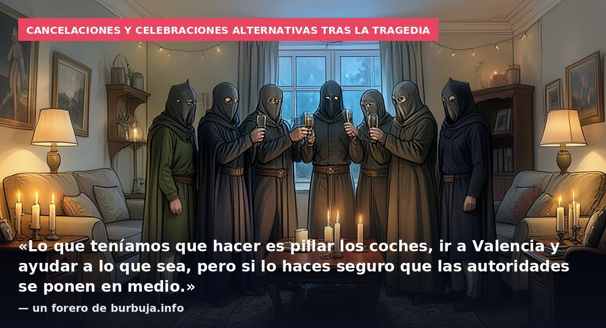Cancelaciones y celebraciones alternativas tras la tragedia: «Lo que teníamos que hacer es pillar los coches, ir a Valencia y ayudar a lo que sea, pero si lo haces seguro que las autoridades se ponen en medio.» — un forero de burbuja.info