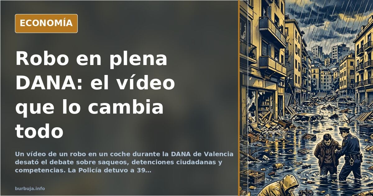 Ilustración editorial de un coche registrado durante las inundaciones de Valencia y un ciudadano inmovilizando a un presunto 