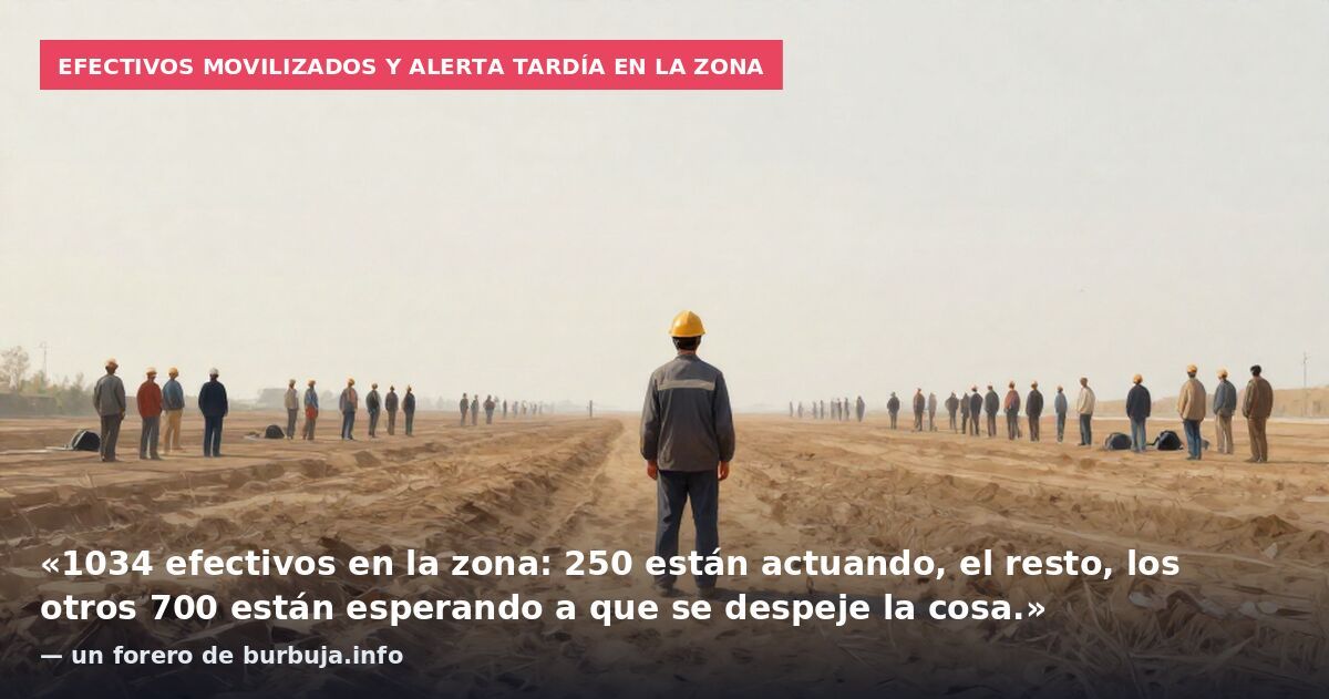Efectivos movilizados y alerta tardía en la zona: «1034 efectivos en la zona: 250 están actuando, el resto, los otros 700 están esperando a que se despeje la cosa.» — un forero de burbuja.info