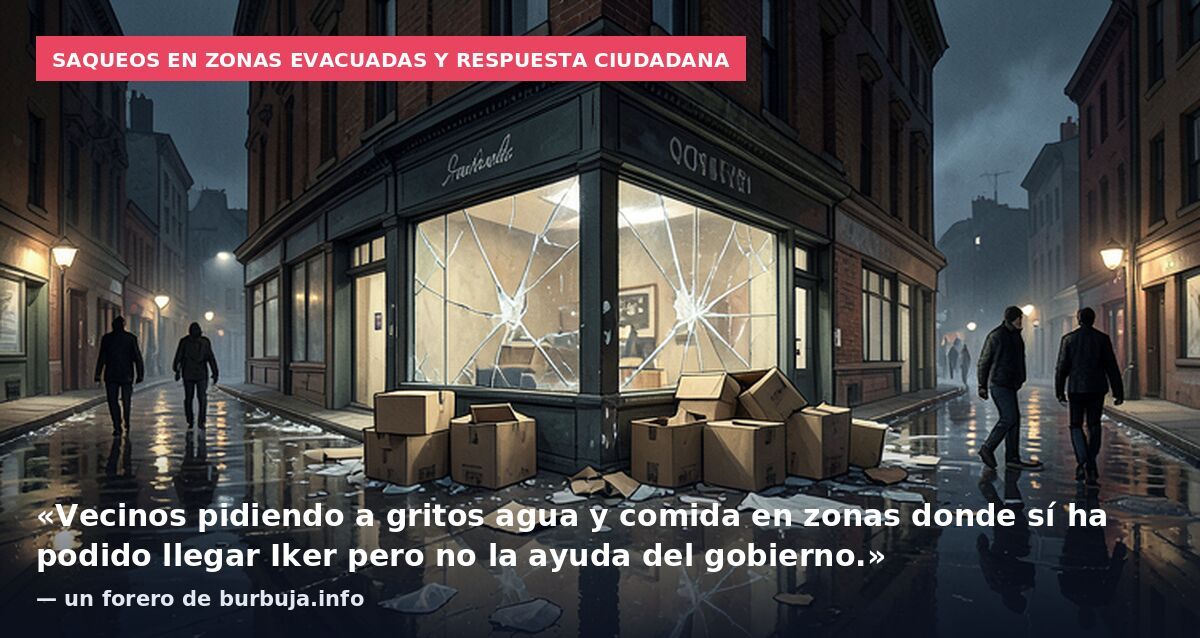 Saqueos en zonas evacuadas y respuesta ciudadana: «Vecinos pidiendo a gritos agua y comida en zonas donde sí ha podido llegar Iker pero no la ayuda del gobierno.» — un forero de burbuja.info