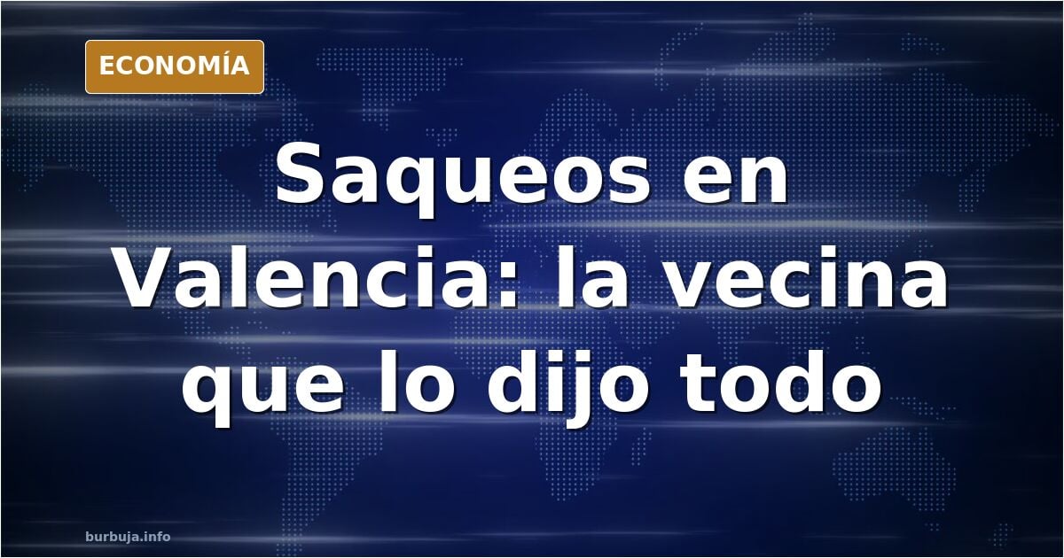 Ilustración editorial de una calle arrasada por la riada con una vecina señalando los saqueos tras la DANA en Valencia