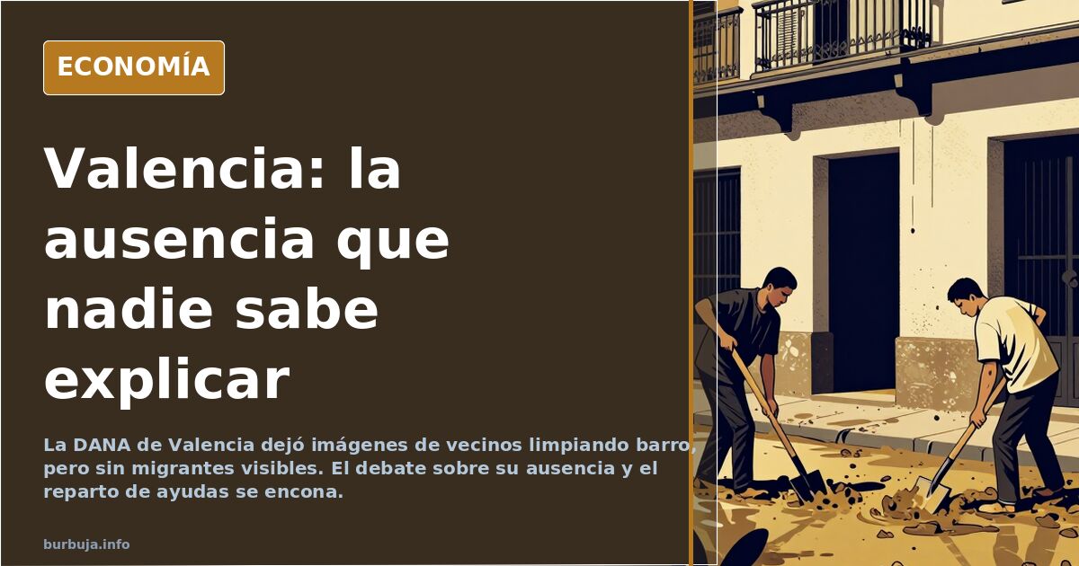 Ilustración editorial de calles valencianas cubiertas de barro con vecinos limpiando y siluetas difuminadas de migrantes ause