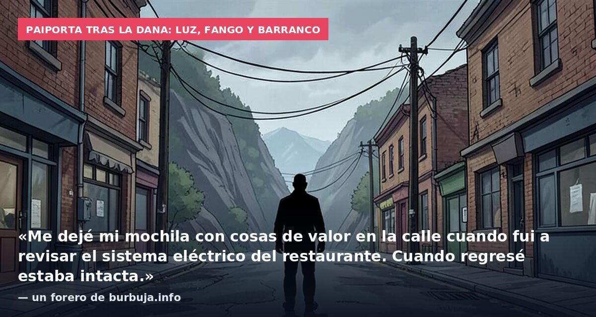 Paiporta tras la dana: luz, fango y barranco: «Me dejé mi mochila con cosas de valor en la calle cuando fui a revisar el sistema eléctrico del restaurante. Cuando regresé estaba intacta.» — un forero de burbuja.info