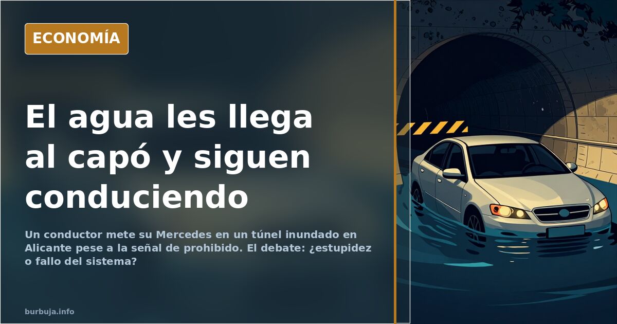Ilustración editorial de un coche sumergido en un túnel inundado con señal de prohibido visible en la entrada