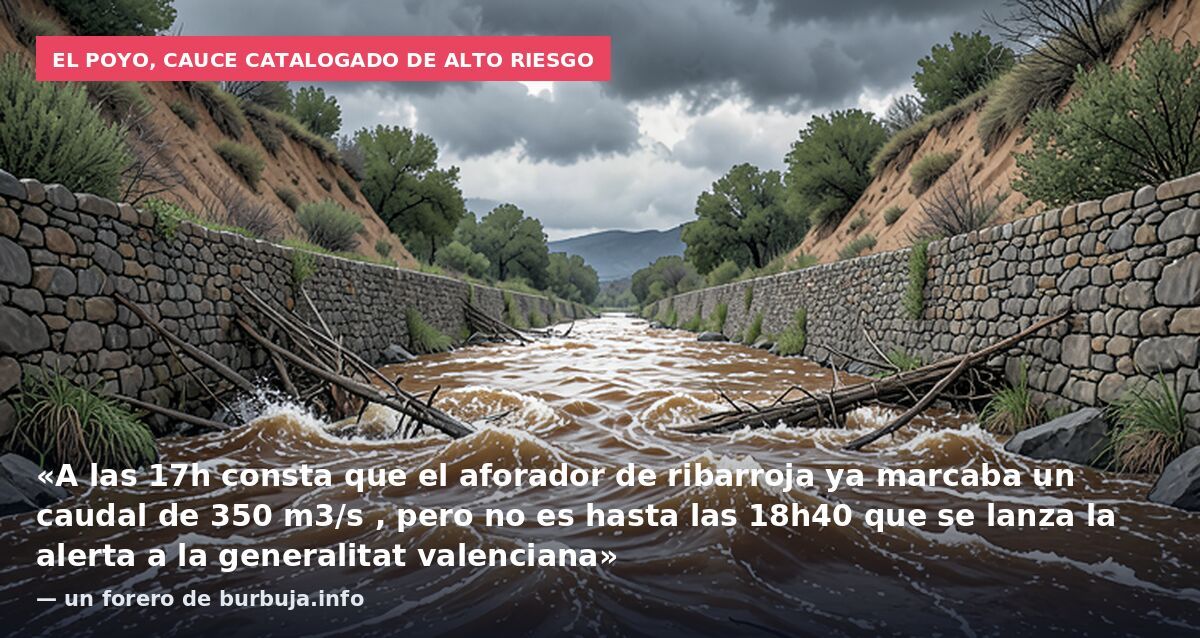 El Poyo, cauce catalogado de alto riesgo: «A las 17h consta que el aforador de ribarroja ya marcaba un caudal de 350 m3/s , pero no es hasta las 18h40 que se lanza la alerta a la generalitat valenciana» — un forero de burbuja.info