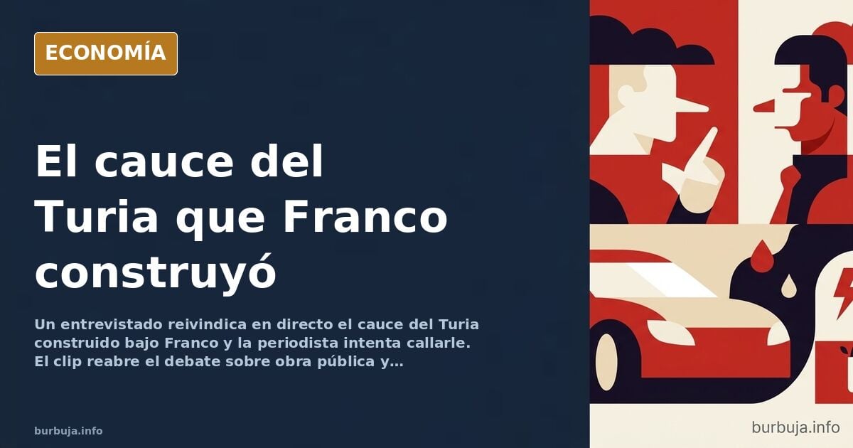 Ilustración editorial de un cauce de río desviado bordeando una ciudad, con un micrófono de televisión en primer plano