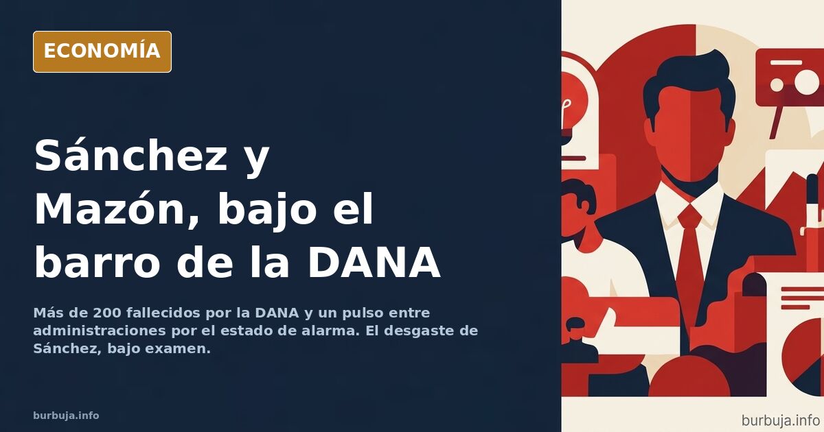 Escena editorial de un político español ante el barro de una catástrofe, con edificios anegados y cielo plomizo