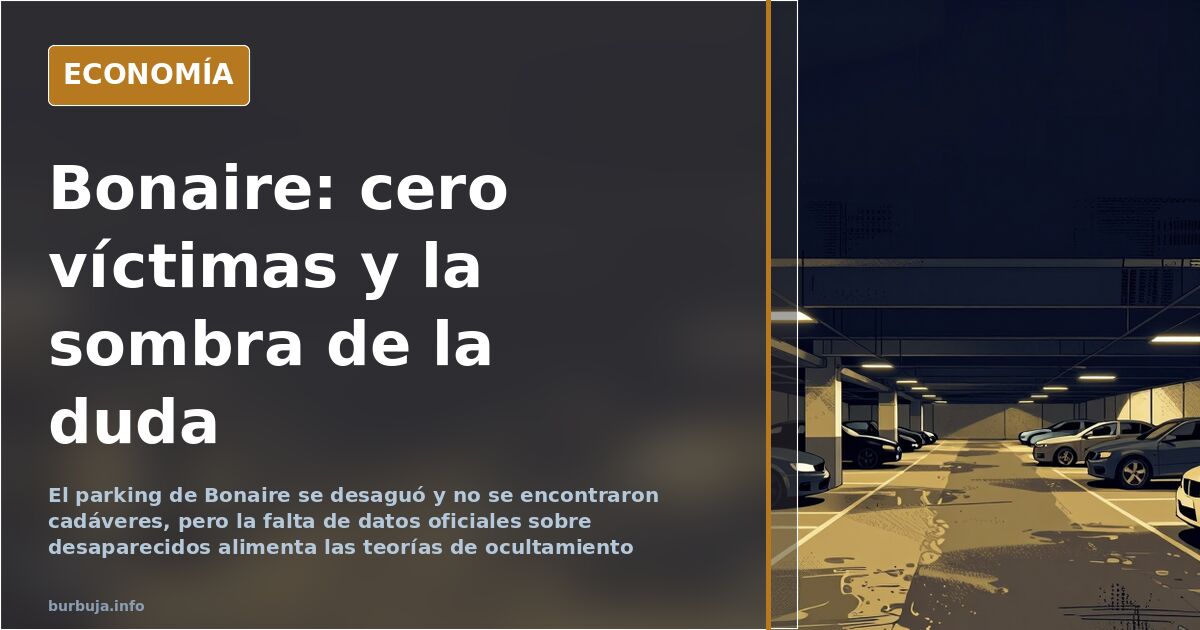 Ilustración editorial de un aparcamiento inundado con coches cubiertos de barro y una interrogación dorada sobre el agua