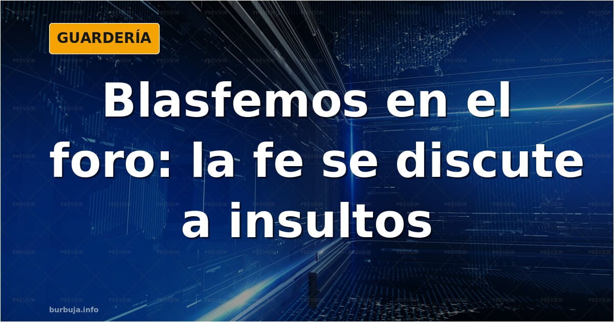 Ilustración de un foro de internet con mensajes de texto enfrentados entre símbolos religiosos y ateos
