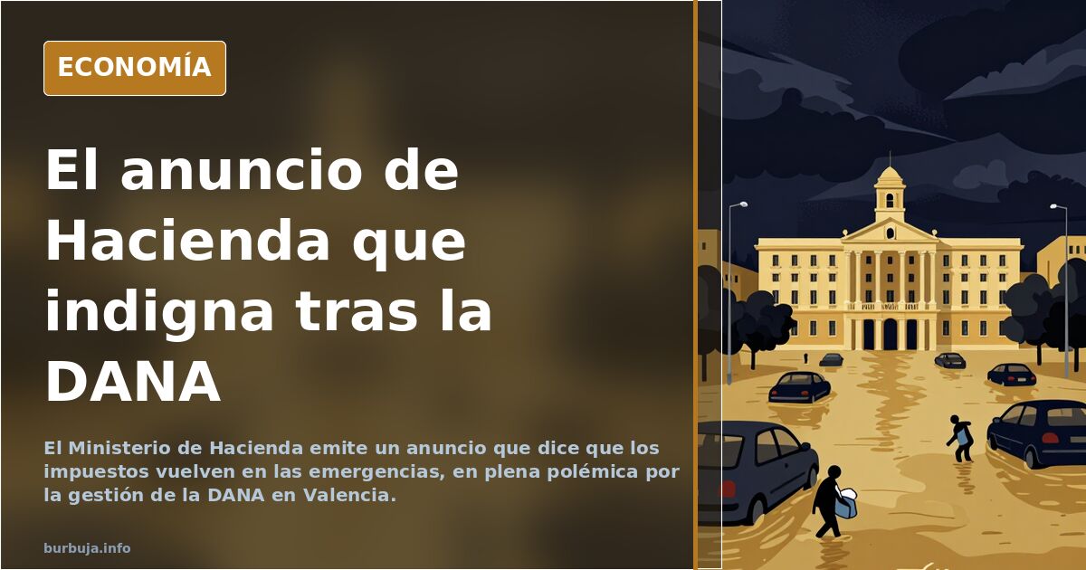 Ilustración editorial de un sobre de impuestos con el sello de Hacienda sobre un fondo de agua estancada y escombros
