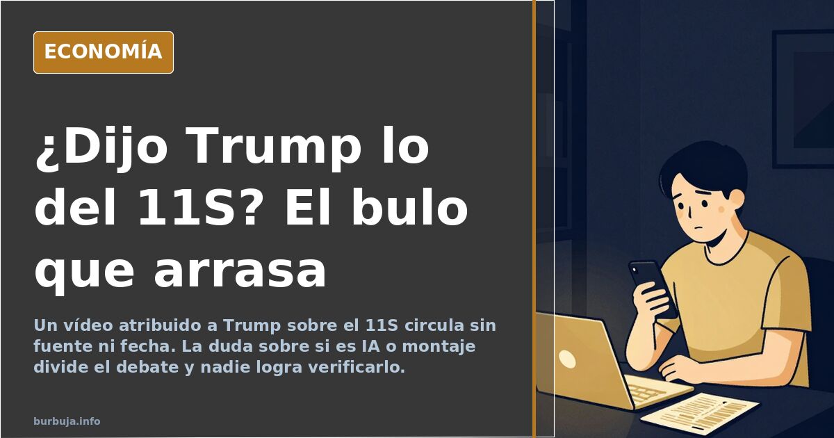 Ilustración editorial de un vídeo viral con la silueta de un edificio y una marca de verificación rota, en azul marino y dora