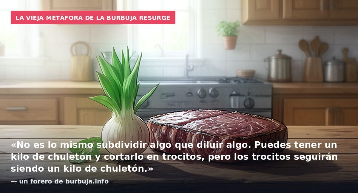 La vieja metáfora de la burbuja resurge: «No es lo mismo subdividir algo que diluir algo. Puedes tener un kilo de chuletón y cortarlo en trocitos, pero los trocitos seguirán siendo un kilo de chuletón.» — un forero de burbuja.info