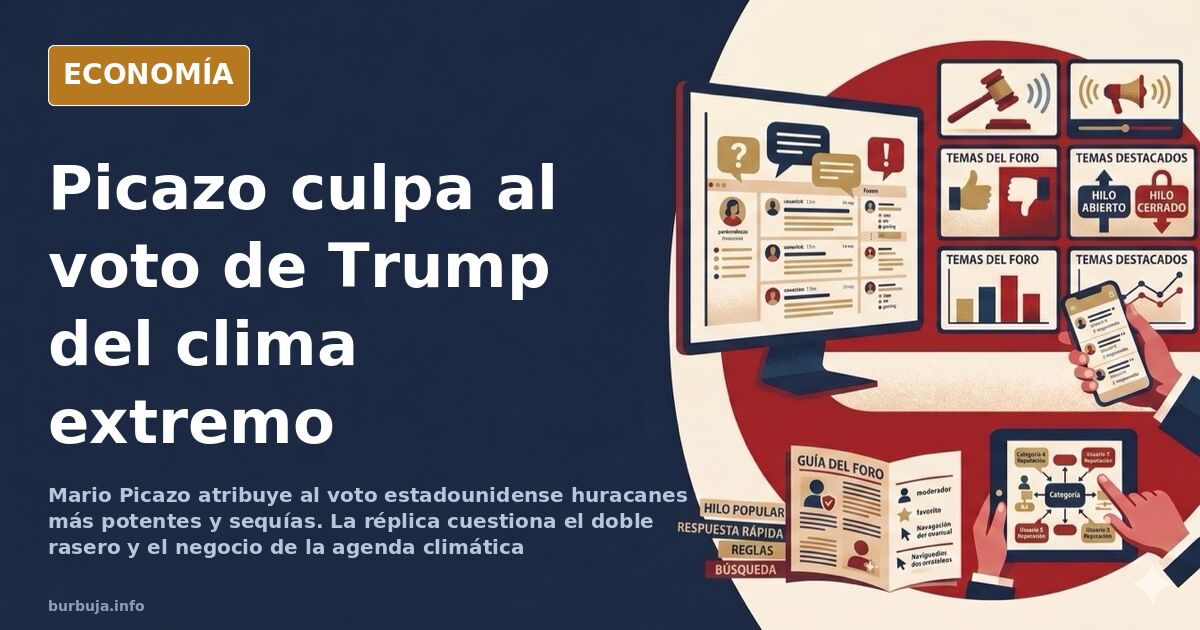 Ilustración editorial de un meteorólogo ante un mapa con huracanes y sequías sobre fondo azul marino y dorado