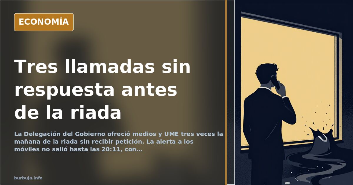 Ilustración editorial de un teléfono institucional sin respuesta frente a un mapa de barrancos anegados y líneas de tiempo de