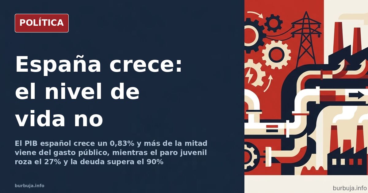 Ilustración editorial con la bandera de España en un podio europeo, gráficos de crecimiento económico y un aeropuerto embarga
