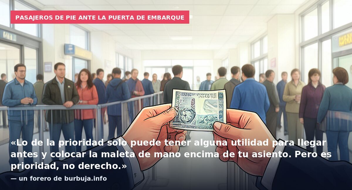 Pasajeros de pie ante la puerta de embarque: «Lo de la prioridad solo puede tener alguna utilidad para llegar antes y colocar la maleta de mano encima de tu asiento. Pero es prioridad, no derecho.» — un forero de burbuja.info