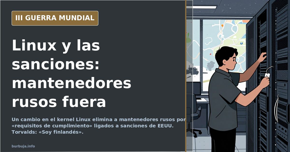 Mapa desaturado con siluetas de servidores y una línea de código partida que ilustra la salida de mantenedores rusos del kern