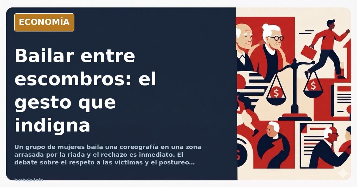 Ilustración editorial de mujeres bailando una coreografía frente a escombros y barro en una zona catastrófica tras la riada