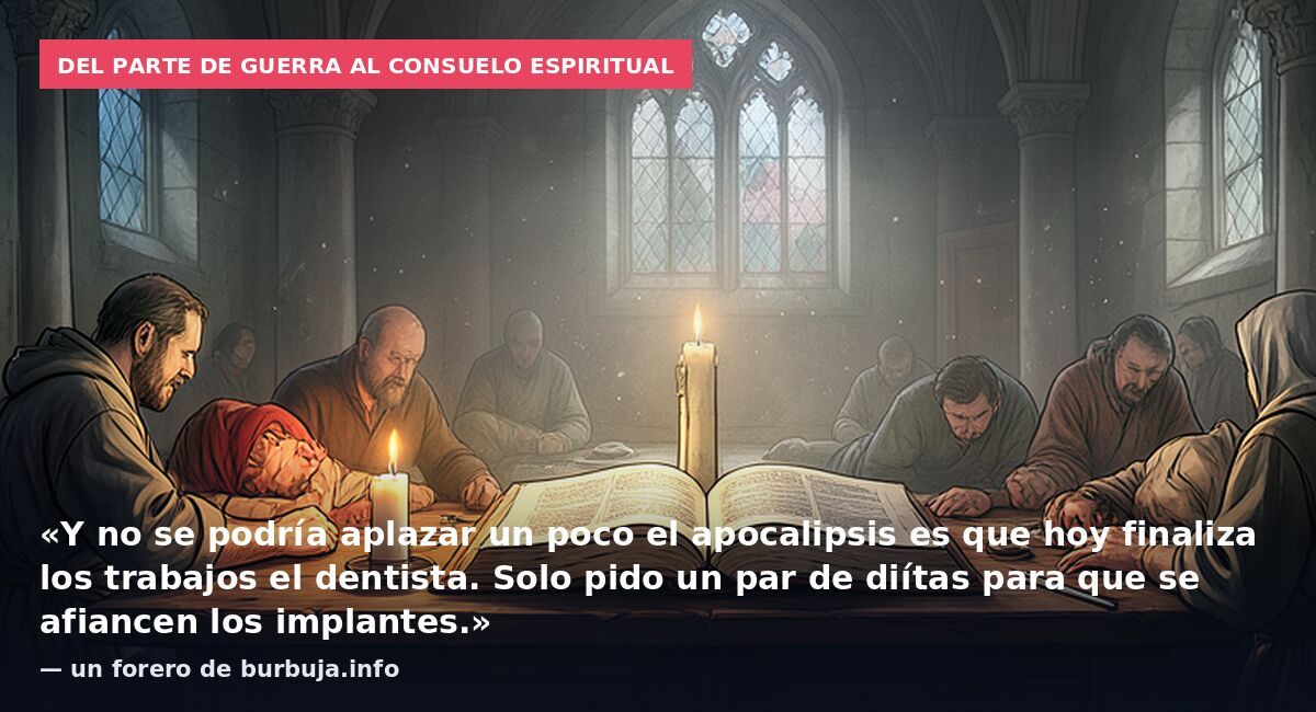 Del parte de guerra al consuelo espiritual: «Y no se podría aplazar un poco el apocalipsis es que hoy finaliza los trabajos el dentista. Solo pido un par de diítas para que se afiancen los implantes.» — un forero de burbuja.info
