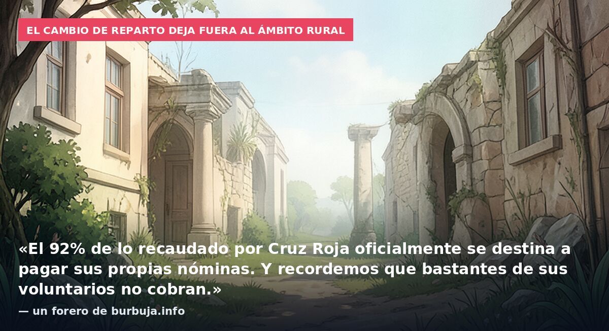 El cambio de reparto deja fuera al ámbito rural: «El 92% de lo recaudado por Cruz Roja oficialmente se destina a pagar sus propias nóminas. Y recordemos que bastantes de sus voluntarios no cobran.» — un forero de burbuja.info