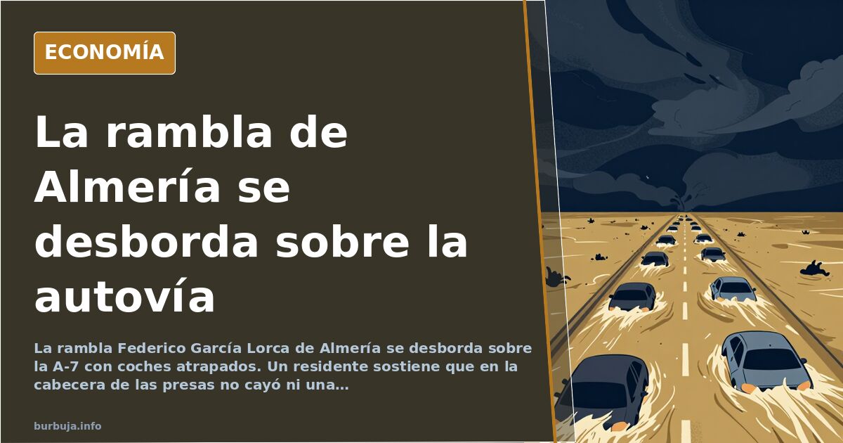 Vista de la rambla canalizada de Almería desbordada sobre la autovía A-7 con vehículos atrapados en el agua
