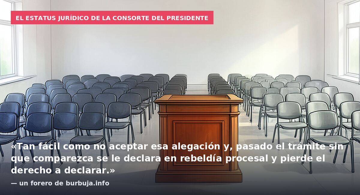 El estatus jurídico de la consorte del presidente: «Tan fácil como no aceptar esa alegación y, pasado el trámite sin que comparezca se le declara en rebeldía procesal y pierde el derecho a declarar.» — un forero de burbuja.info