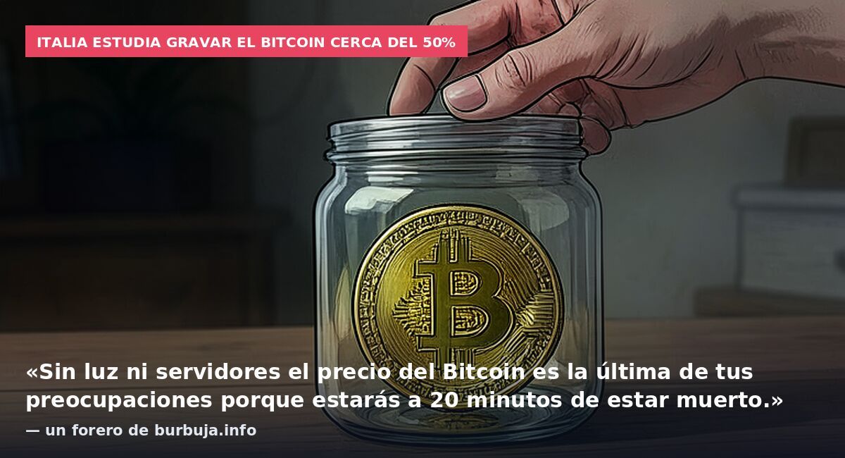 Italia estudia gravar el bitcoin cerca del 50%: «Sin luz ni servidores el precio del Bitcoin es la última de tus preocupaciones porque estarás a 20 minutos de estar muerto.» — un forero de burbuja.info