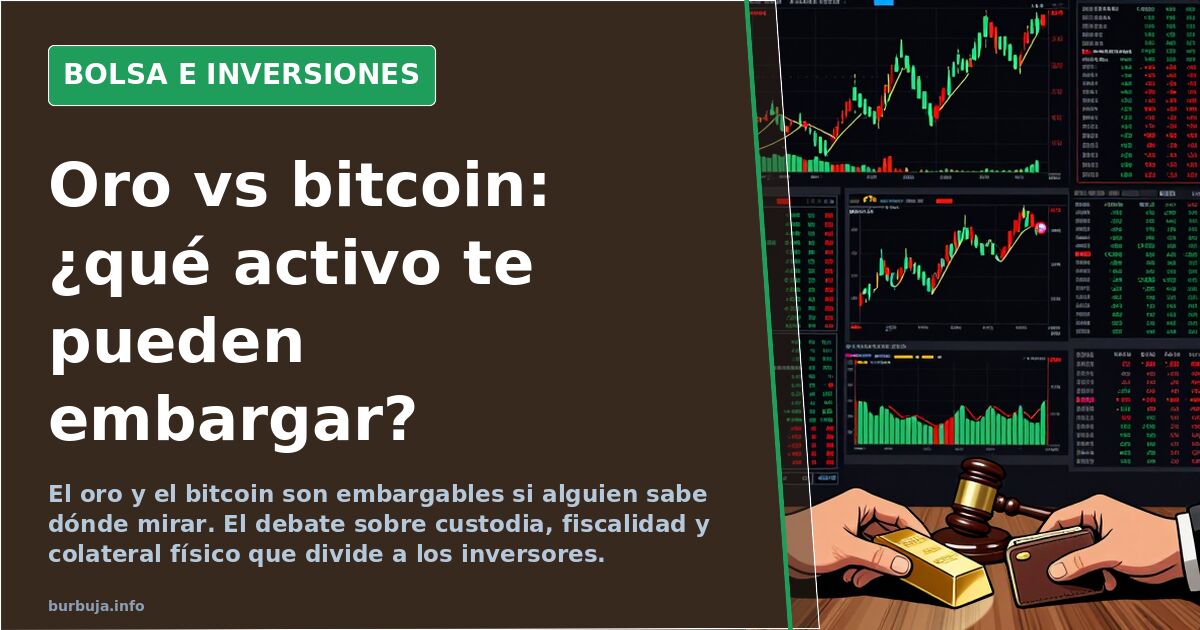 Gráfico de velas japonesas en terminal financiera con oro y bitcoin como activos enfrentados sobre fondo oscuro