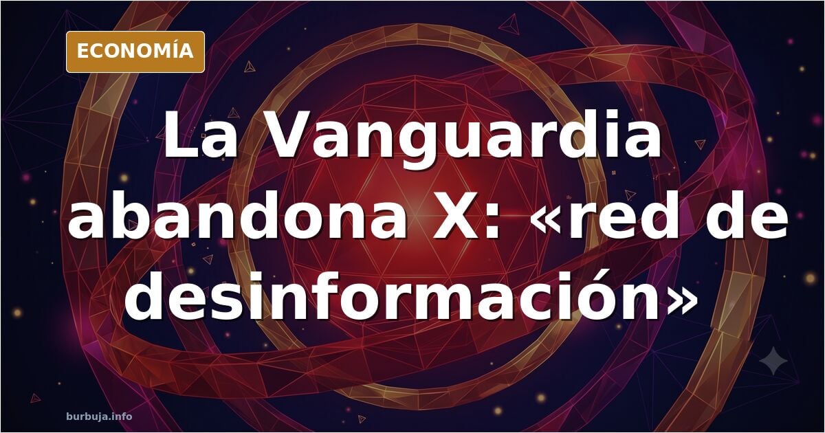 Portada de periódico sobre fondo azul marino con una gran X tachada, ilustración editorial sobre la salida de La Vanguardia d