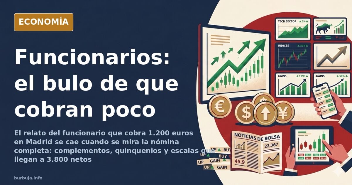 Ilustración editorial de una nómina pública desglosada con escalas salariales y complementos sobre fondo azul marino y dorado
