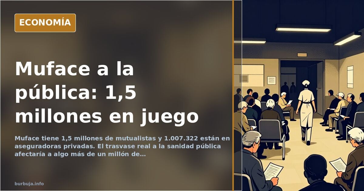 Ilustración editorial de una balanza con edificios sanitarios públicos y privados en equilibrio inestable