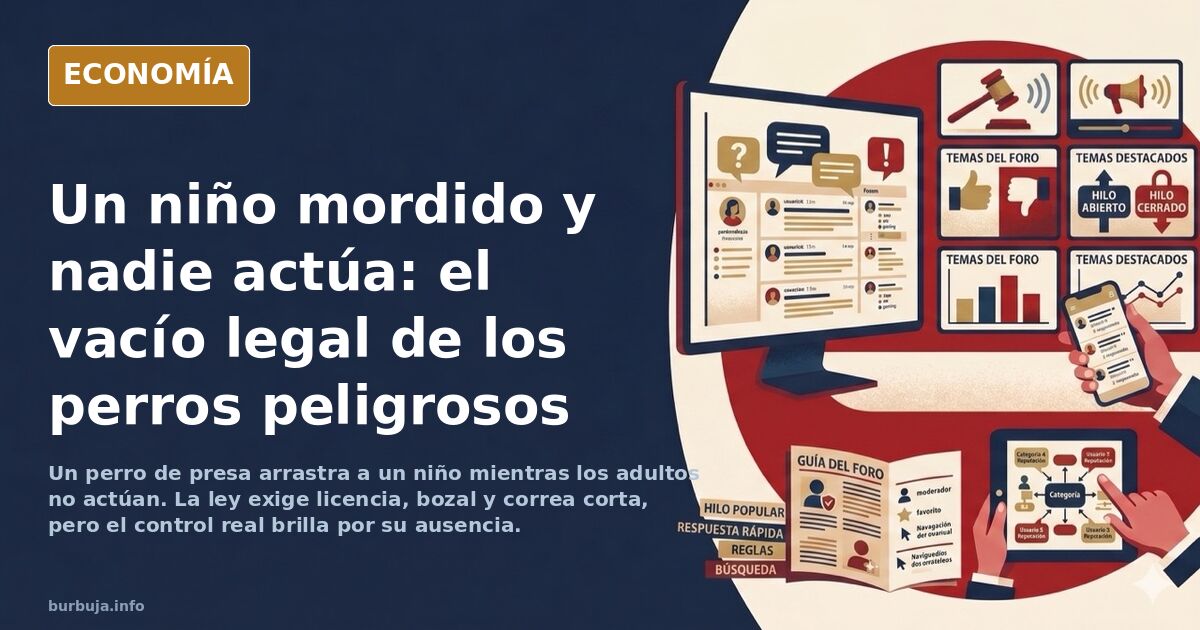 Ilustración editorial de un perro de presa tirando de la pierna de un niño mientras adultos observan sin intervenir