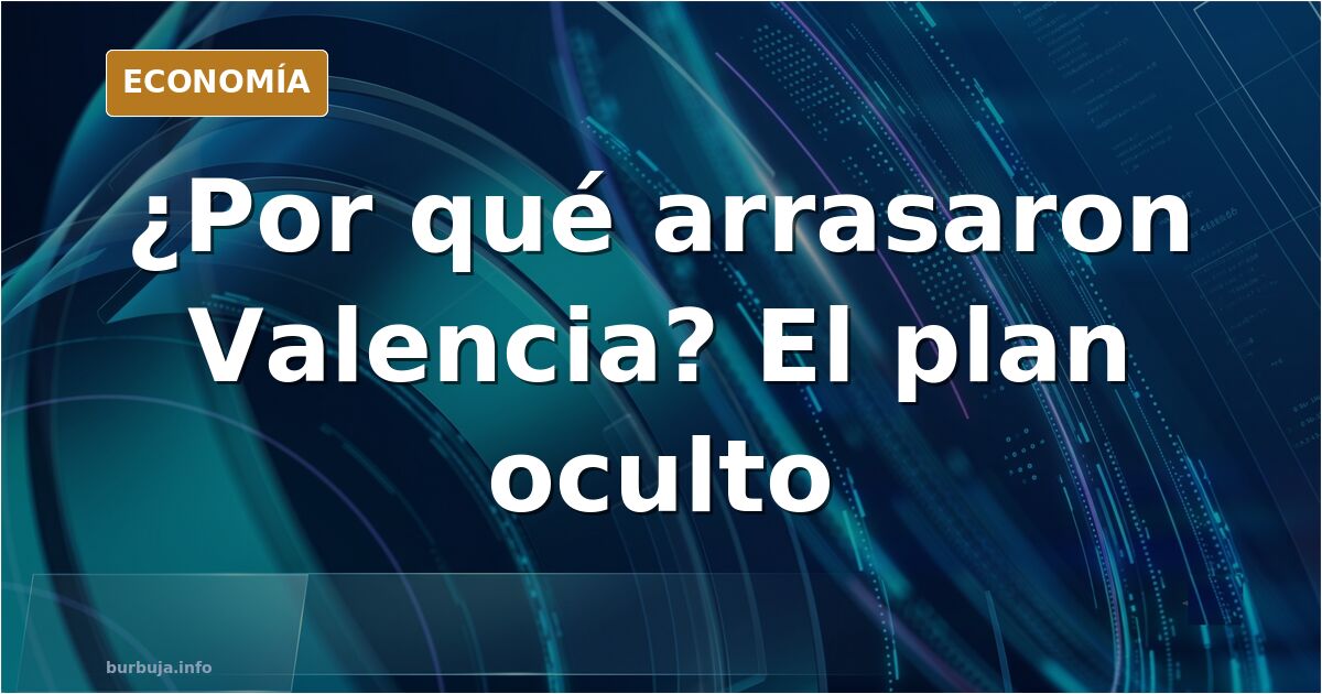 Ilustración editorial de Valencia inundada con siluetas de edificios inteligentes y placas solares emergiendo del barro