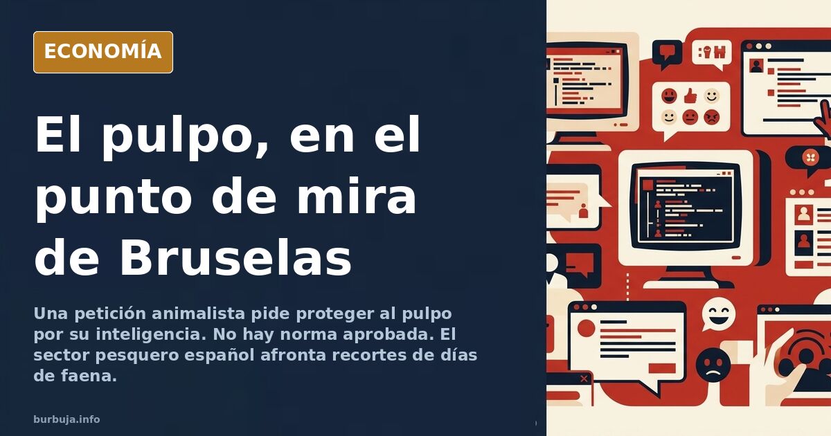 Ilustración editorial de un pulpo sobre una mesa de madera junto a un plato de pulpo a feira en tonos azul marino y dorado
