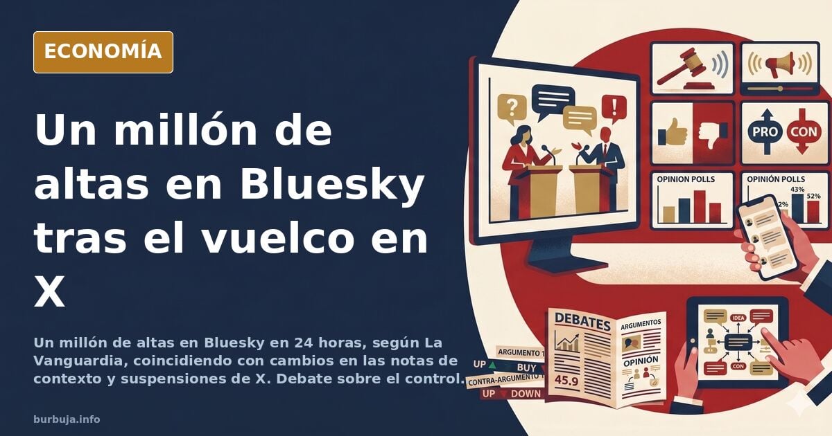 Ilustración editorial de dos multitudes cruzando en direcciones opuestas entre dos pantallas de red social, una llena y otra 