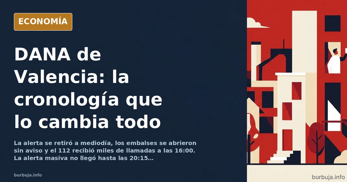 Ilustración editorial de un mapa de la provincia de Valencia con zonas inundadas en azul y una línea de tiempo marcando las h
