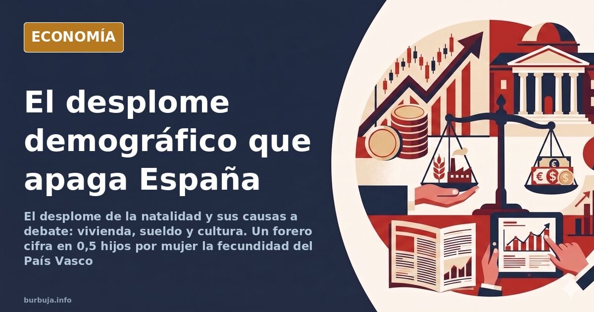 Una cuna vacía sobre el mapa de España en tonos azul marino y dorado, imagen de la caída de la natalidad