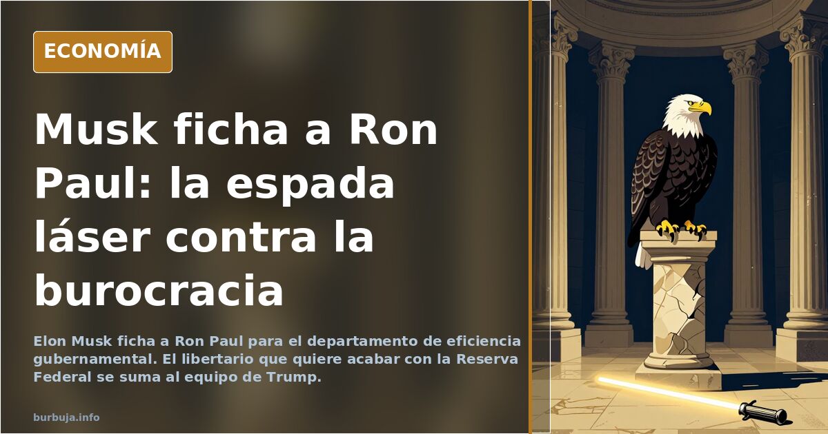 Ilustración editorial de Elon Musk y Ron Paul estrechando manos ante un edificio gubernamental, símbolo de eficiencia y recor