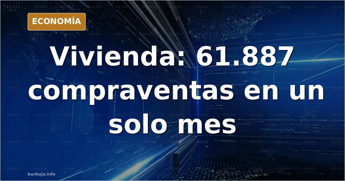 Gráfico editorial en azul marino y dorado con barras ascendentes de compraventa de viviendas y una silueta de edificios