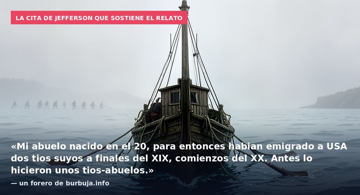 La cita de Jefferson que sostiene el relato: «Mi abuelo nacido en el 20, para entonces habian emigrado a USA dos tios suyos a finales del XIX, comienzos del XX. Antes lo hicieron unos tios-abuelos.» — un forero de burbuja.info