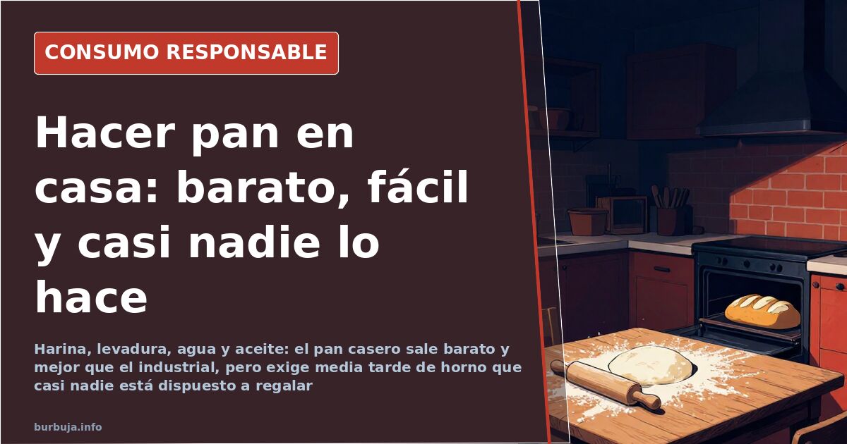 Hogaza de pan casero con corteza dorada y miga alveolada sobre una mesa de cocina junto a un cuenco de harina
