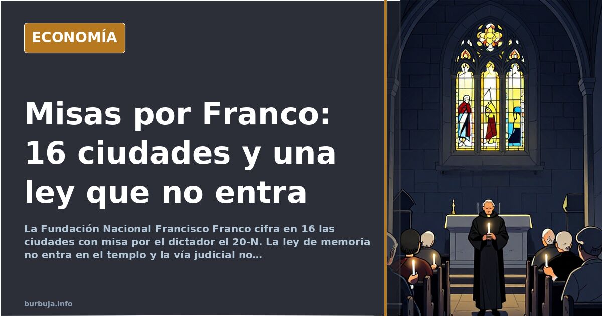 Interior de una iglesia española con bancos vacíos y luz lateral durante una misa por Franco el 20 de noviembre