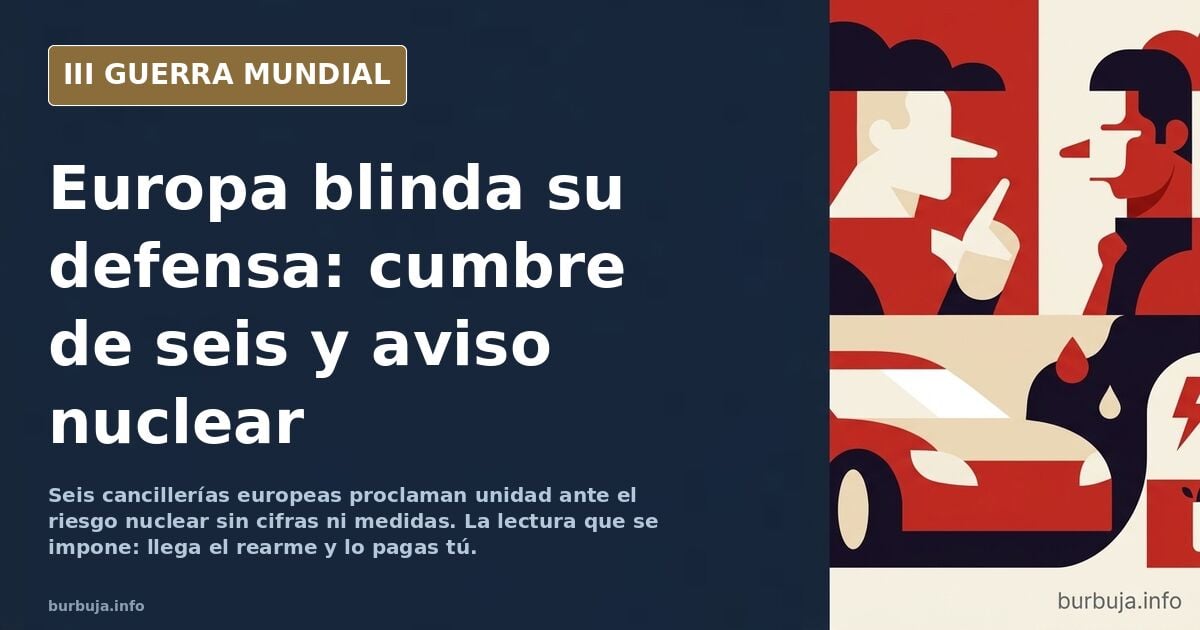 Reunión de ministros de Asuntos Exteriores de seis países europeos ante un mapa de Europa con siluetas militares y humo lejan